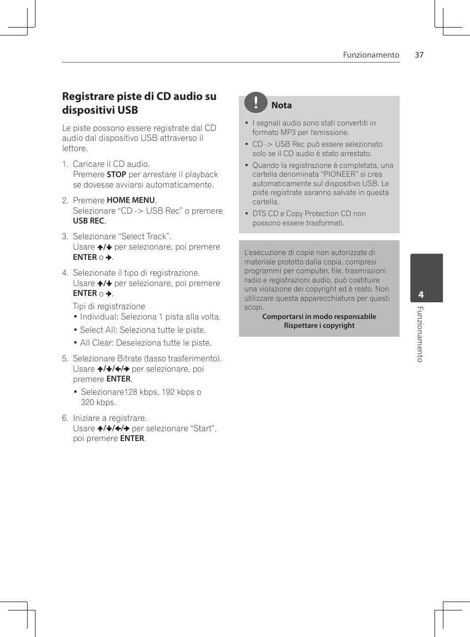 Registrare piste di cd audio su dispositivi usb | Pioneer DCS-424K User Manual | Page 175 / 280