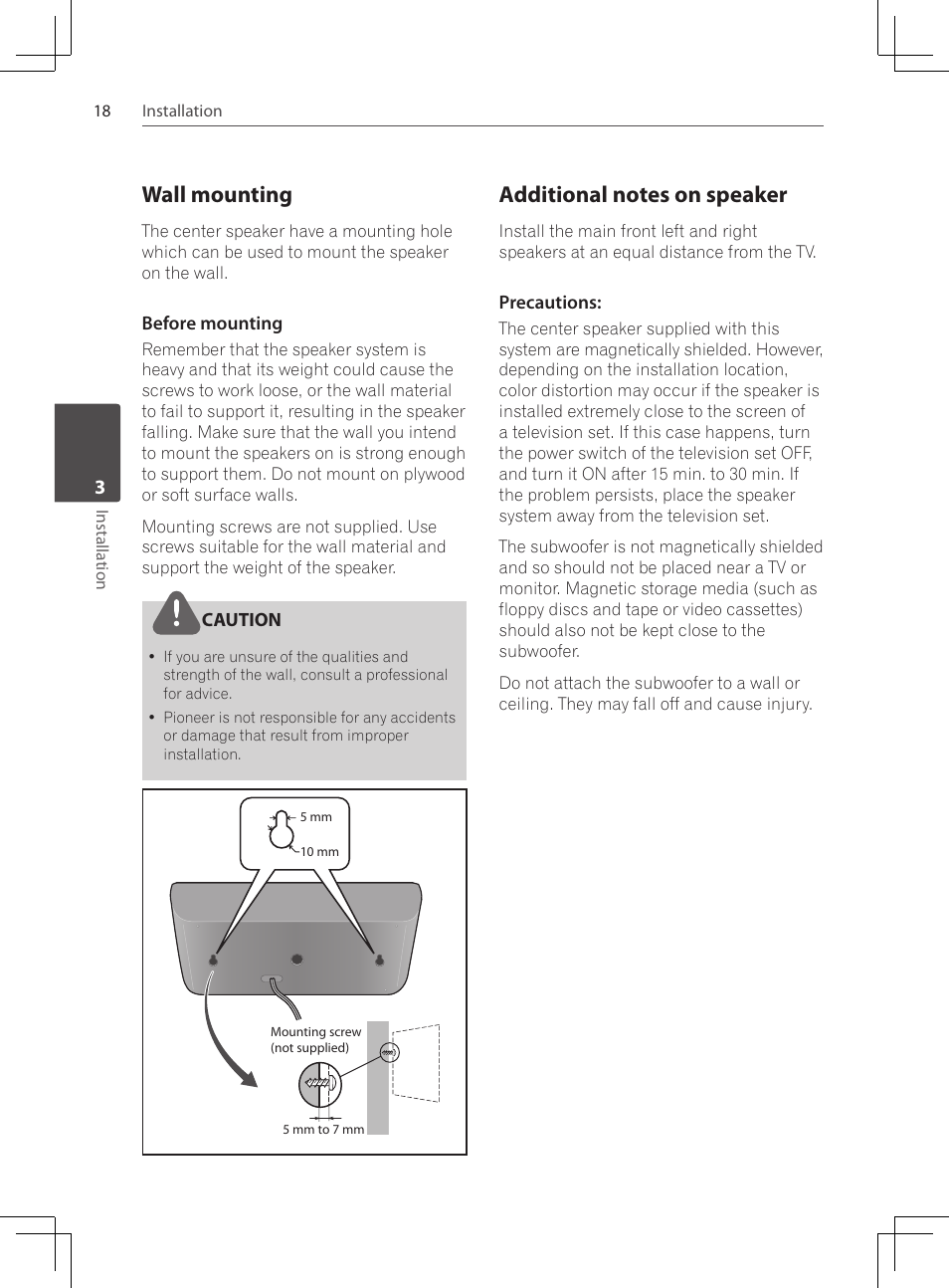 Wall mounting, Additional notes on speaker | Pioneer DCS-424K User Manual | Page 18 / 280
