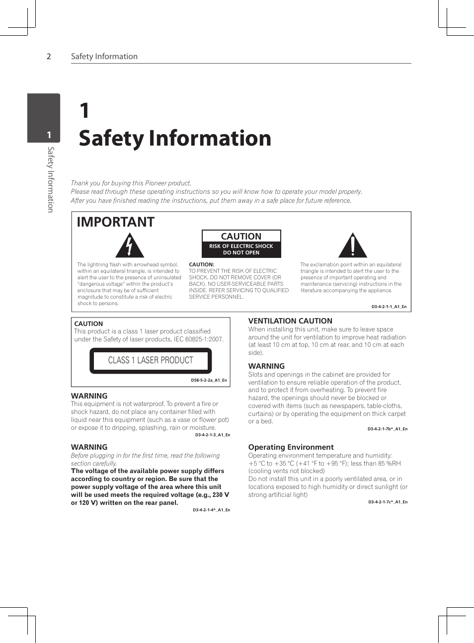 1safety information, Important | Pioneer DCS-424K User Manual | Page 2 / 280