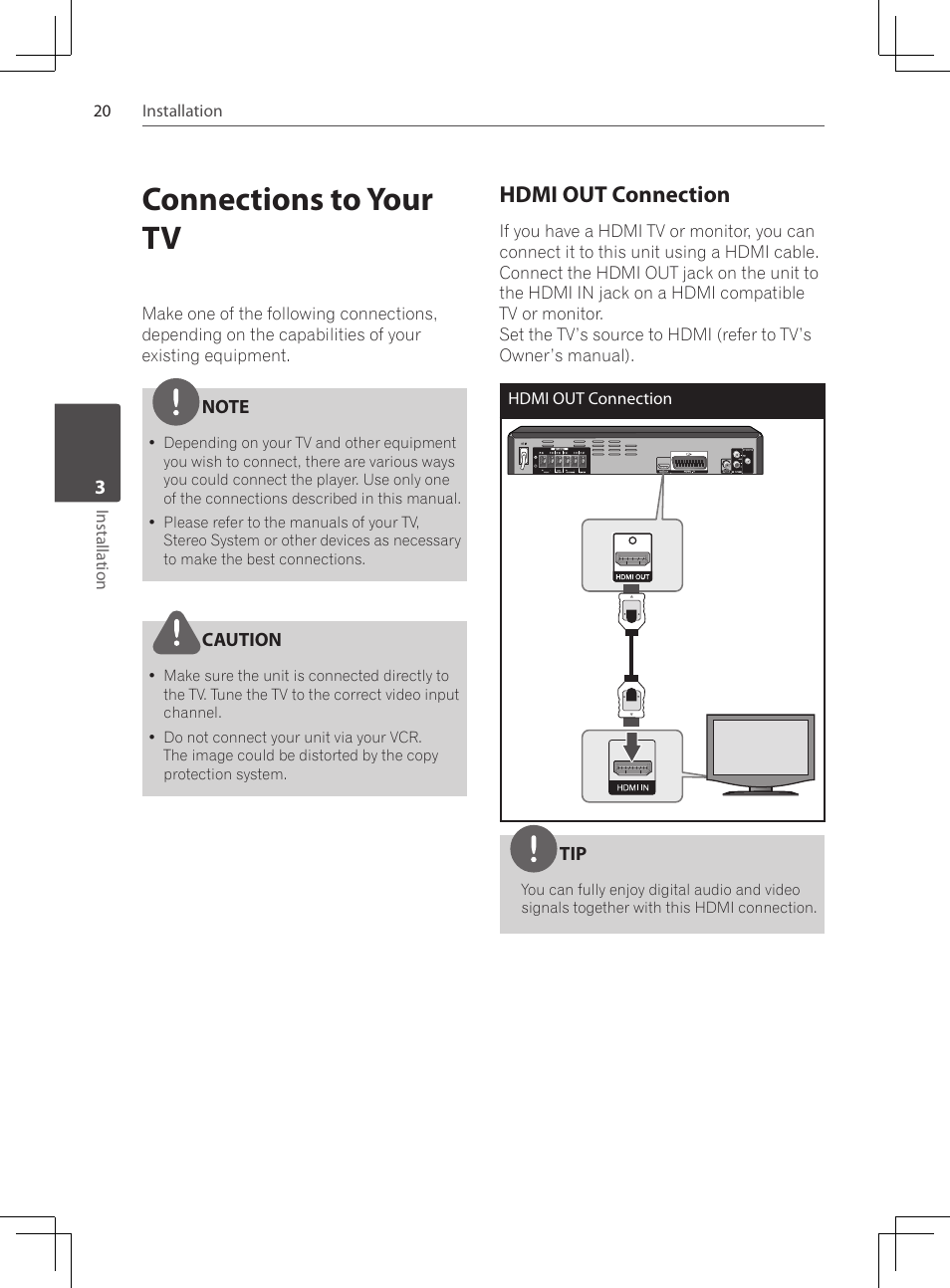 Connections to your tv, Hdmi out connection | Pioneer DCS-424K User Manual | Page 20 / 280