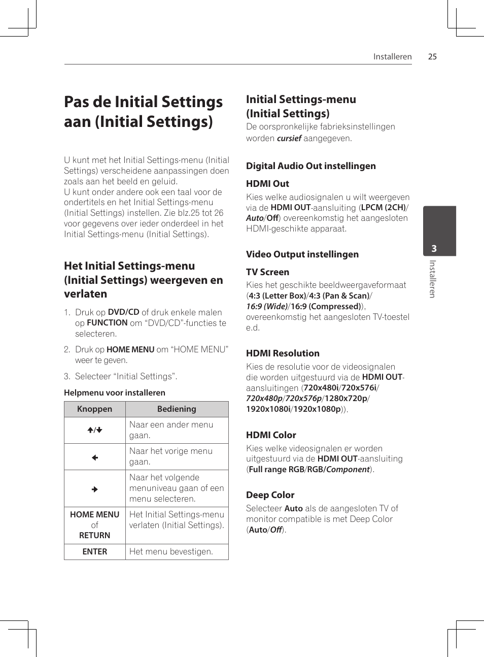 Pas de initial settings aan (initial settings), Het initial settings-menu (initial, Settings) weergeven en verlaten | Initial settings-menu (initial, Settings), Digital audio out instellingen, Video output instellingen, Initial settings-menu (initial settings) | Pioneer DCS-424K User Manual | Page 209 / 280