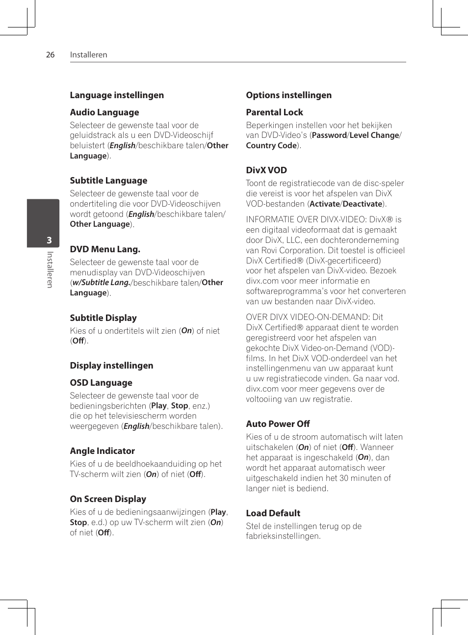 Language instellingen, Display instellingen, Options instellingen | Pioneer DCS-424K User Manual | Page 210 / 280