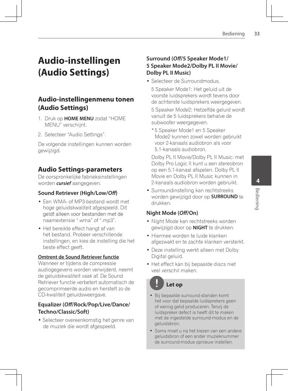 Audio-instellingen (audio settings), Audio-instellingenmenu tonen, Audio settings) | Audio settings-parameters, Audio-instellingenmenu tonen (audio settings) | Pioneer DCS-424K User Manual | Page 217 / 280