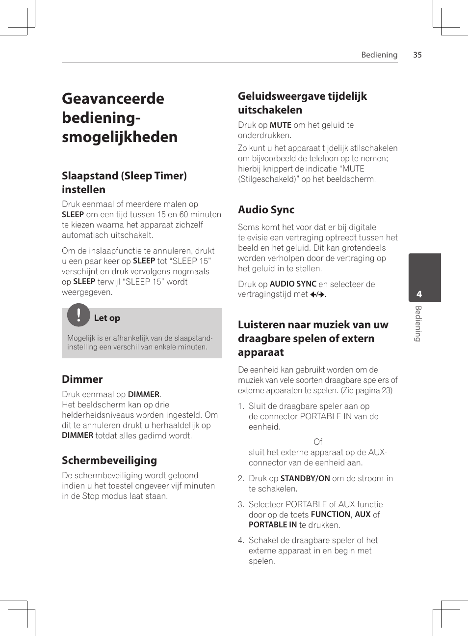 Geavanceerde bediening- smogelijkheden, Slaapstand (sleep timer) instellen, Dimmer | Schermbeveiliging, Geluidsweergave tijdelijk, Uitschakelen, Audio sync, Luisteren naar muziek van uw, Draagbare spelen of extern apparaat, Geluidsweergave tijdelijk uitschakelen | Pioneer DCS-424K User Manual | Page 219 / 280