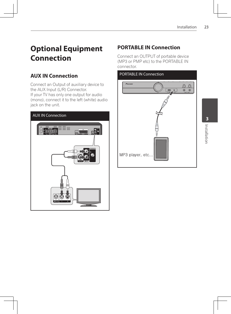 Optional equipment connection, Aux in connection, Portable in connection | Pioneer DCS-424K User Manual | Page 23 / 280