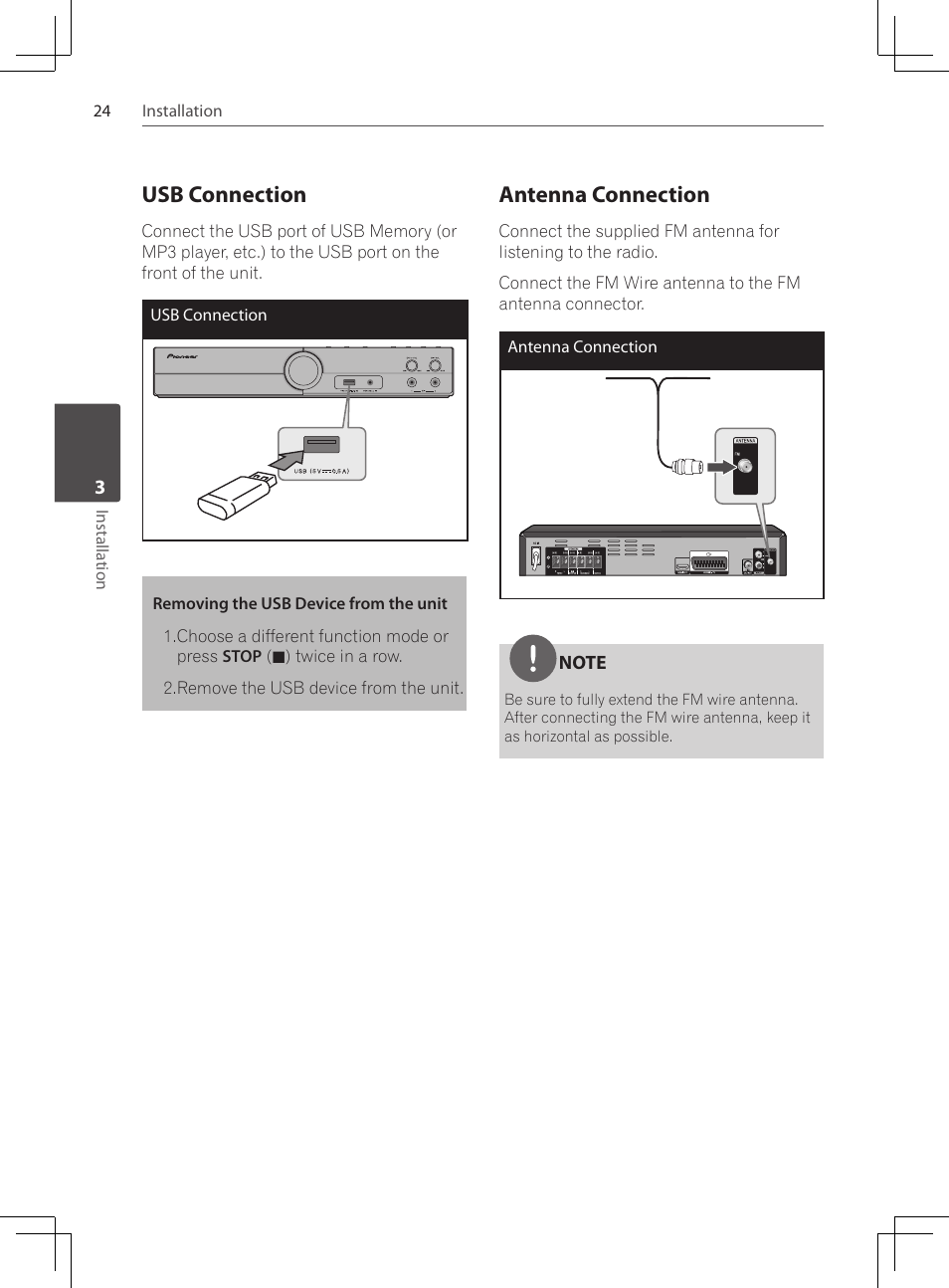 Usb connection, Antenna connection | Pioneer DCS-424K User Manual | Page 24 / 280
