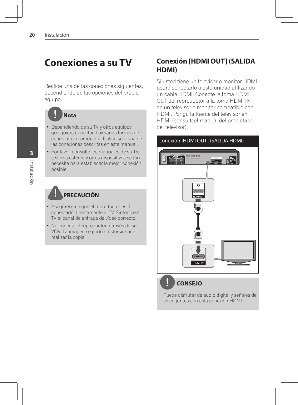 Conexiones a su tv, Conexión [hdmi out] (salida, Hdmi) | Conexión [hdmi out] (salida hdmi) | Pioneer DCS-424K User Manual | Page 250 / 280