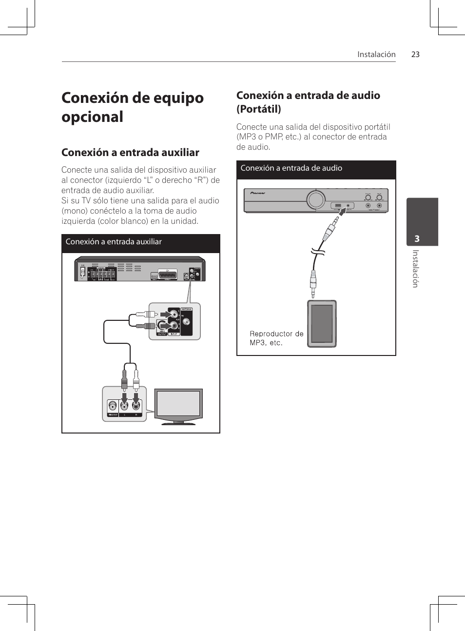 Conexión de equipo opcional, Conexión a entrada auxiliar, Conexión a entrada de audio | Portátil) | Pioneer DCS-424K User Manual | Page 253 / 280