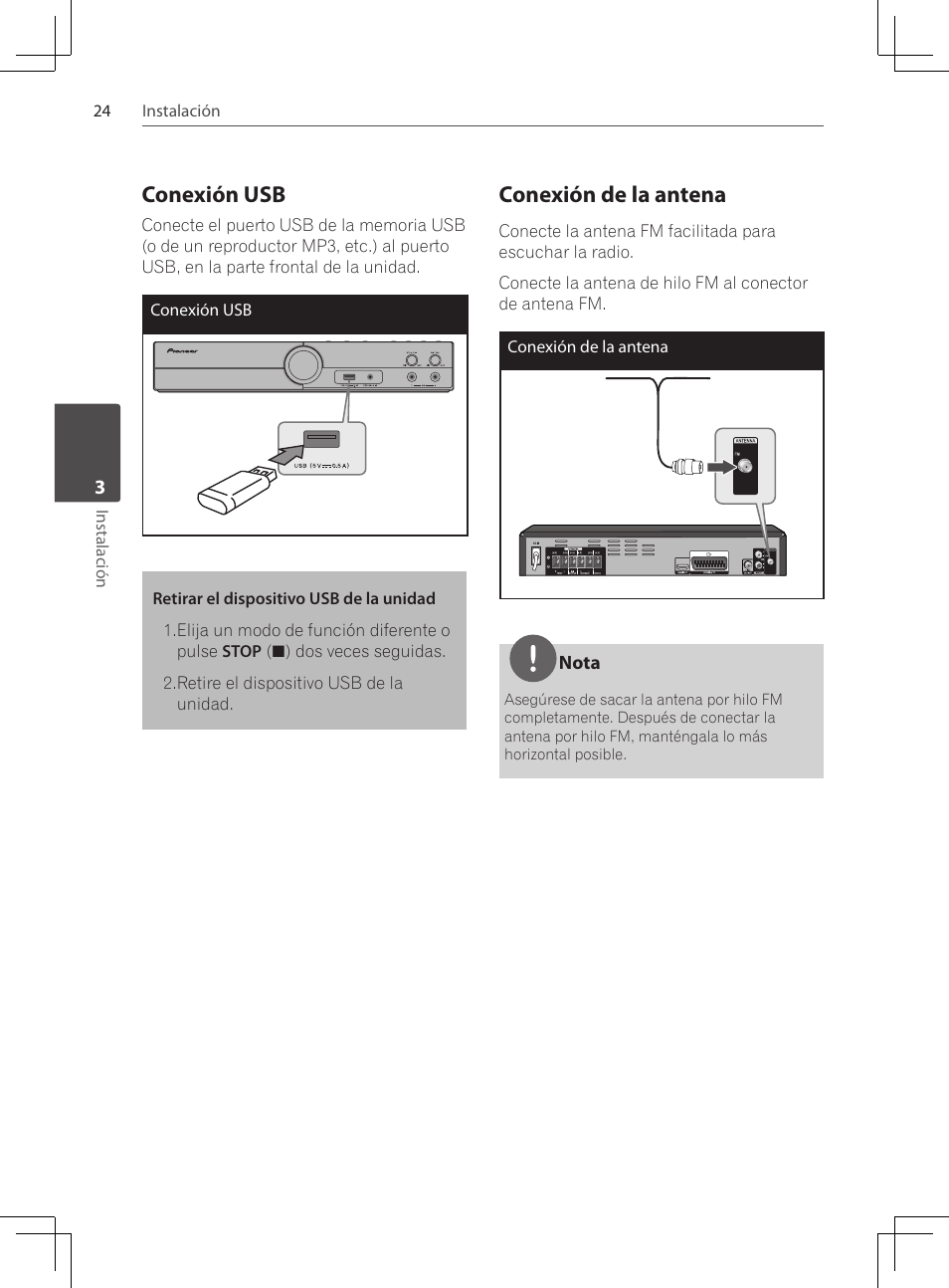 Conexión usb, Conexión de la antena | Pioneer DCS-424K User Manual | Page 254 / 280