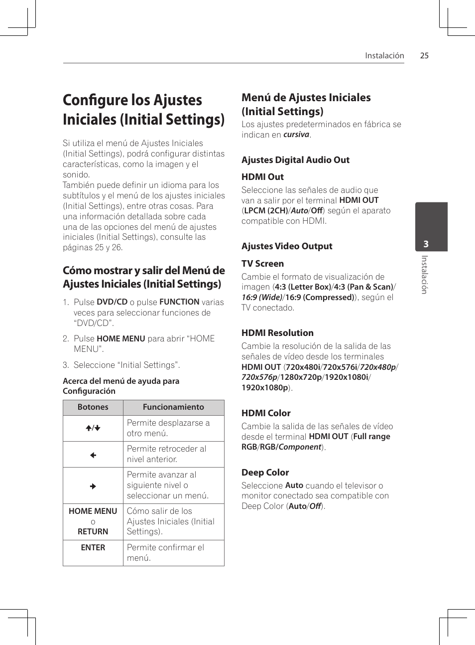 Configure los ajustes iniciales (initial settings), Cómo mostrar y salir del menú de, Ajustes iniciales (initial settings) | Menú de ajustes iniciales (initial, Settings), Ajustes digital audio out, Ajustes video output, Menú de ajustes iniciales (initial settings) | Pioneer DCS-424K User Manual | Page 255 / 280