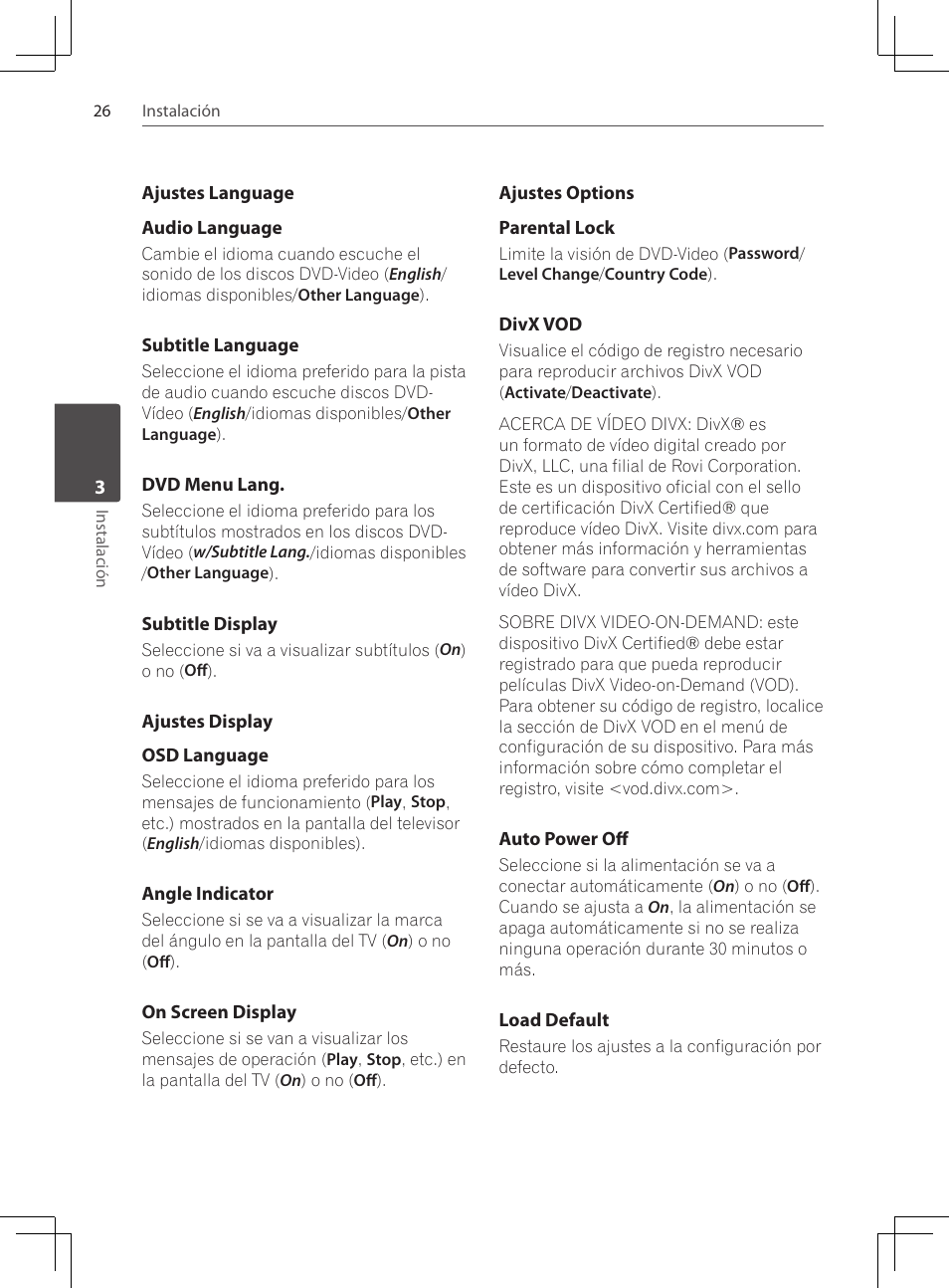 Ajustes language, Ajustes display, Ajustes options | Pioneer DCS-424K User Manual | Page 256 / 280