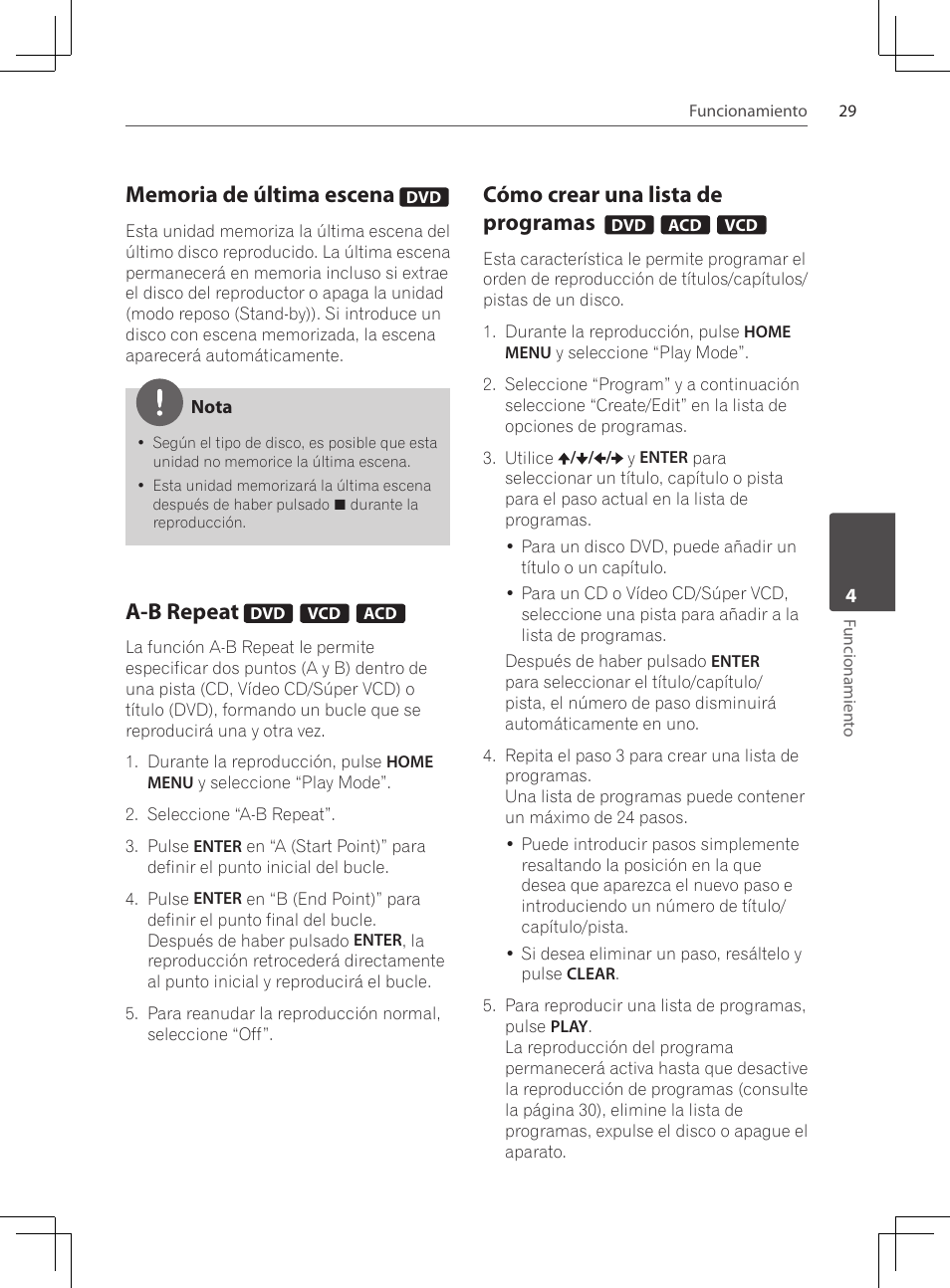 Memoria de última escena, A-b repeat, Cómo crear una lista de programas | Pioneer DCS-424K User Manual | Page 259 / 280