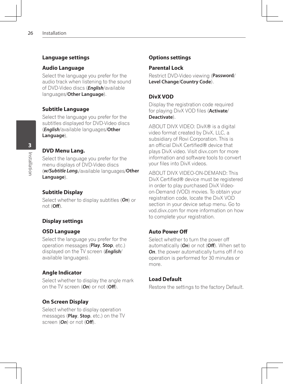 Language settings, Display settings, Options settings | Pioneer DCS-424K User Manual | Page 26 / 280
