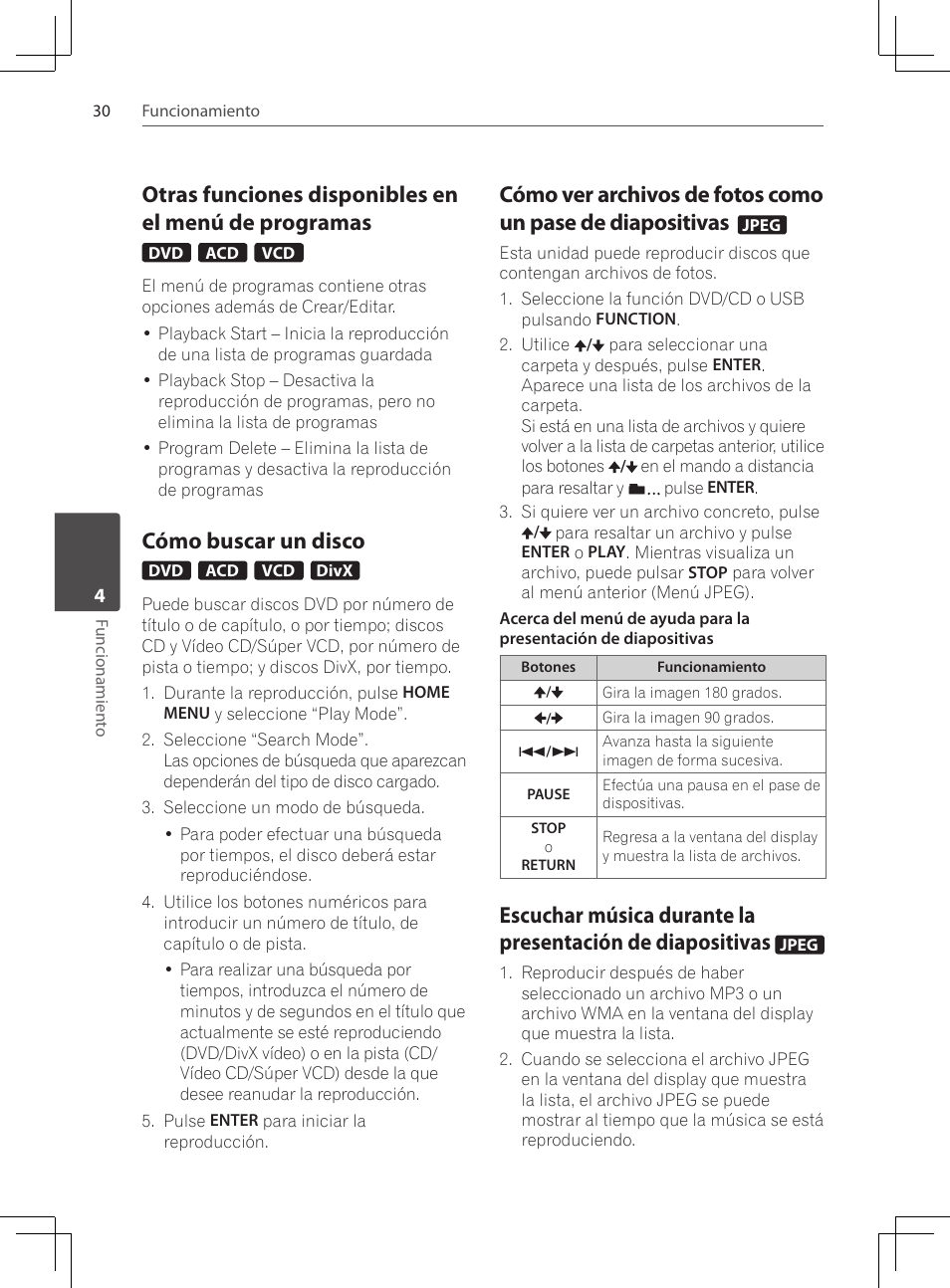 Otras funciones disponibles en el, Menú de programas, Cómo buscar un disco | Cómo ver archivos de fotos como, Un pase de diapositivas, Escuchar música durante la, Presentación de diapositivas | Pioneer DCS-424K User Manual | Page 260 / 280