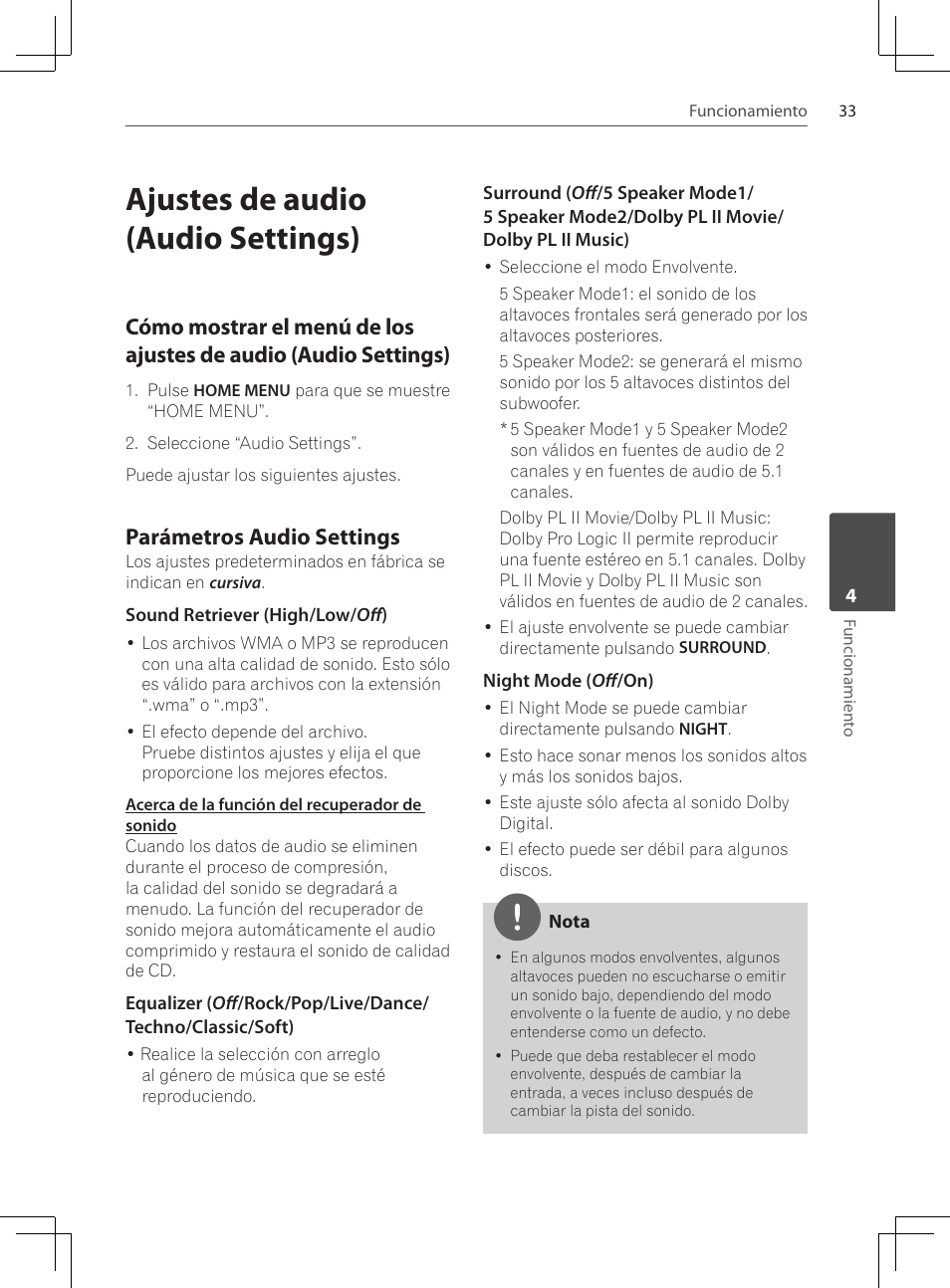 Ajustes de audio (audio settings), Cómo mostrar el menú de los, Parámetros audio settings | Pioneer DCS-424K User Manual | Page 263 / 280