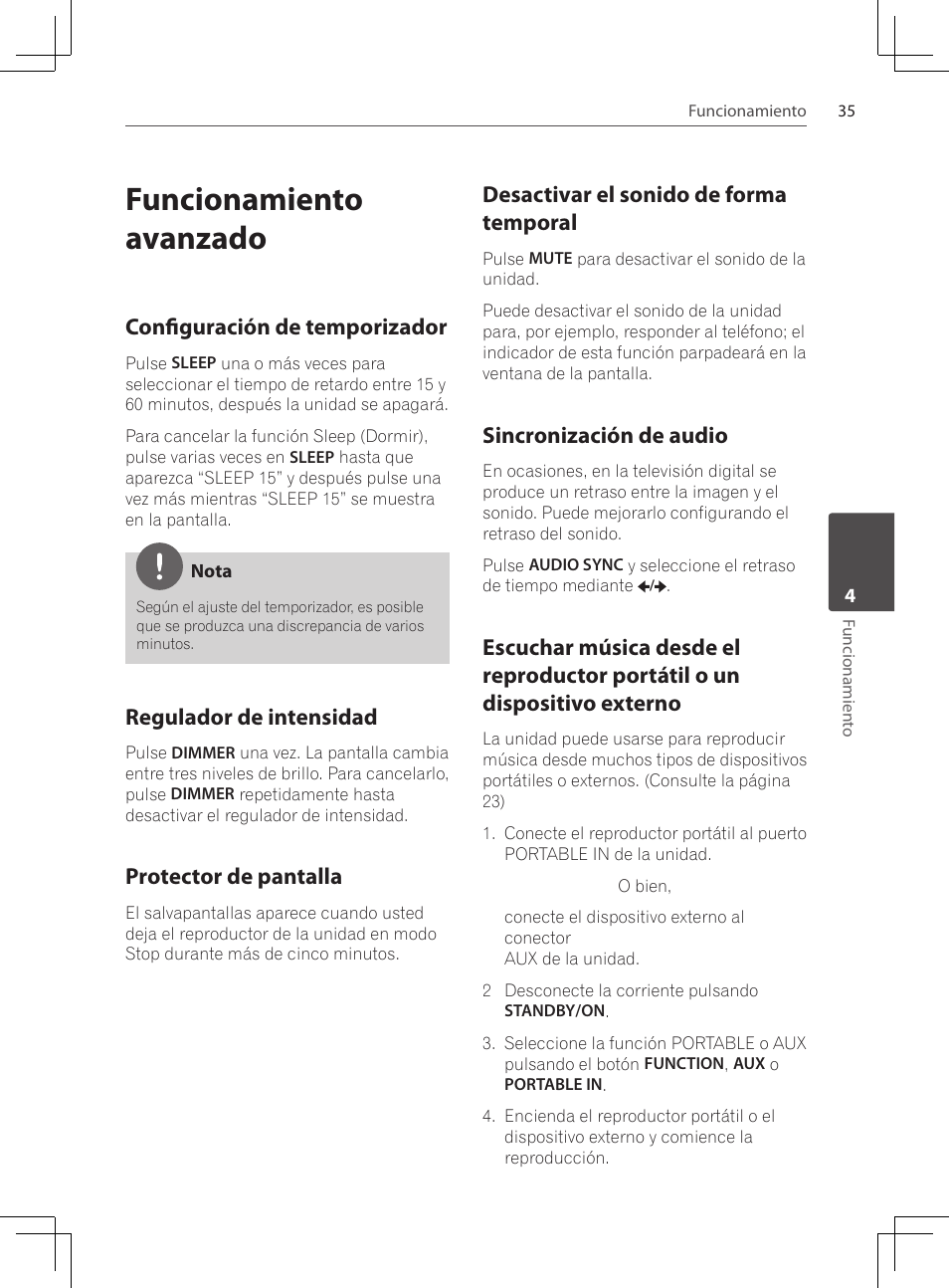 Funcionamiento avanzado, Configuración de temporizador, Regulador de intensidad | Protector de pantalla, Desactivar el sonido de forma, Temporal, Sincronización de audio, Escuchar música desde el, Reproductor portátil o un dispositivo externo, Desactivar el sonido de forma temporal | Pioneer DCS-424K User Manual | Page 265 / 280