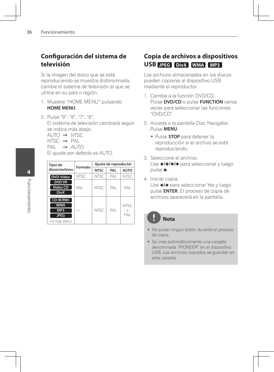 Configuración del sistema de televisión, Copia de archivos a dispositivos usb | Pioneer DCS-424K User Manual | Page 266 / 280