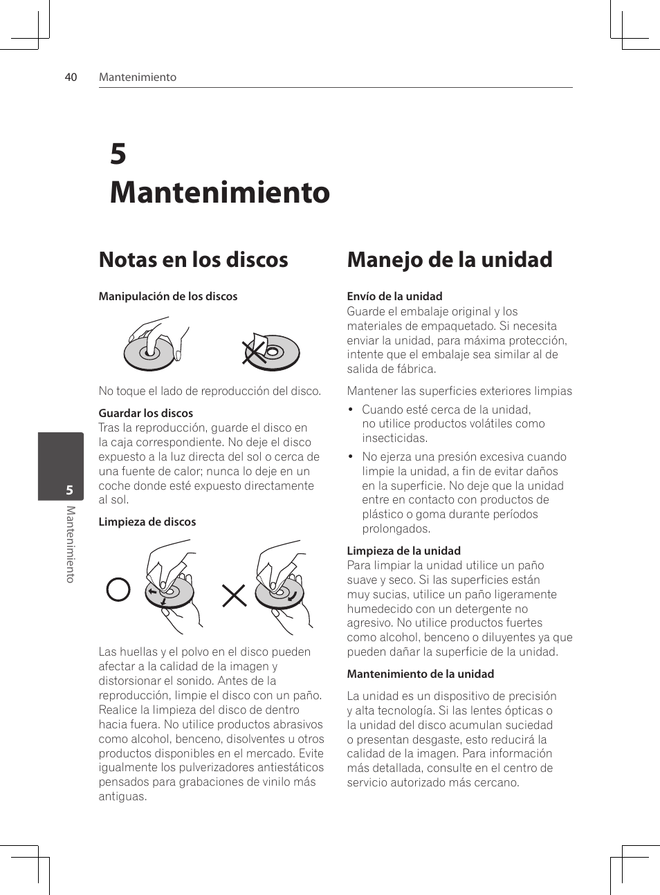 Notas en los discos, Manejo de la unidad, 5mantenimiento | Pioneer DCS-424K User Manual | Page 270 / 280