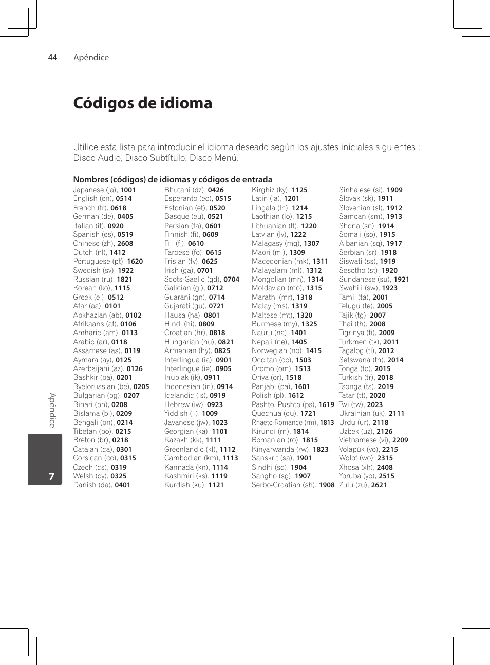 Códigos de idioma | Pioneer DCS-424K User Manual | Page 274 / 280