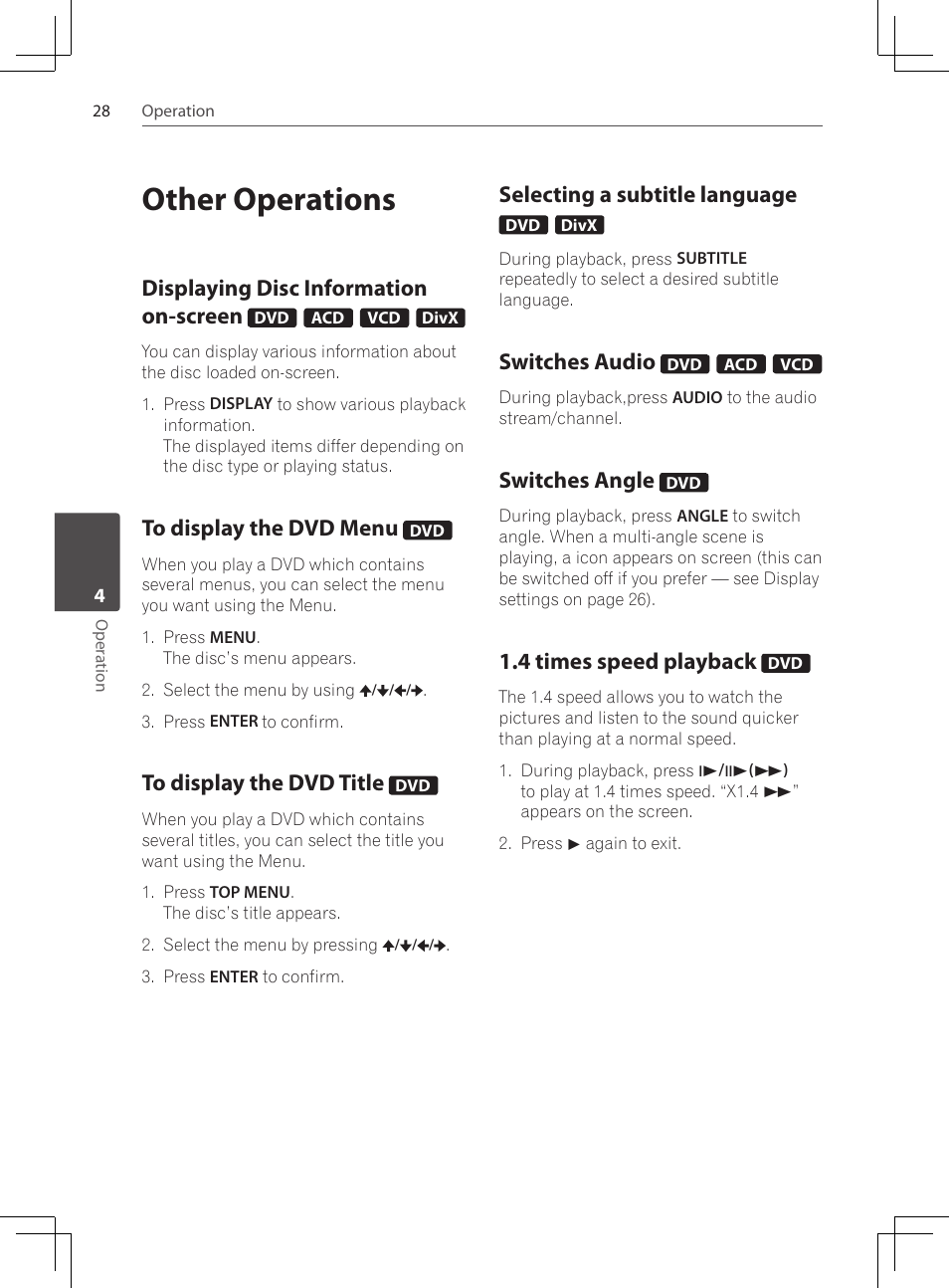 Other operations, Displaying disc information, On-screen | To display the dvd menu, To display the dvd title, Selecting a subtitle language, Switches audio, Switches angle, 4 times speed playback, Displaying disc information on-screen | Pioneer DCS-424K User Manual | Page 28 / 280