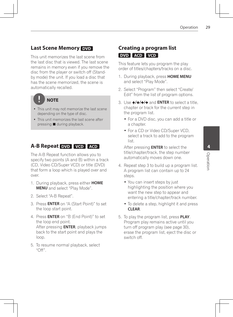 Last scene memory, A-b repeat, Creating a program list | Pioneer DCS-424K User Manual | Page 29 / 280
