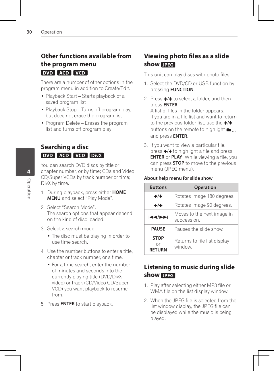 Other functions available from the, Program menu, Searching a disc | Viewing photo files as a slide show, Listening to music during slide, Show, Other functions available from the program menu, Listening to music during slide show | Pioneer DCS-424K User Manual | Page 30 / 280