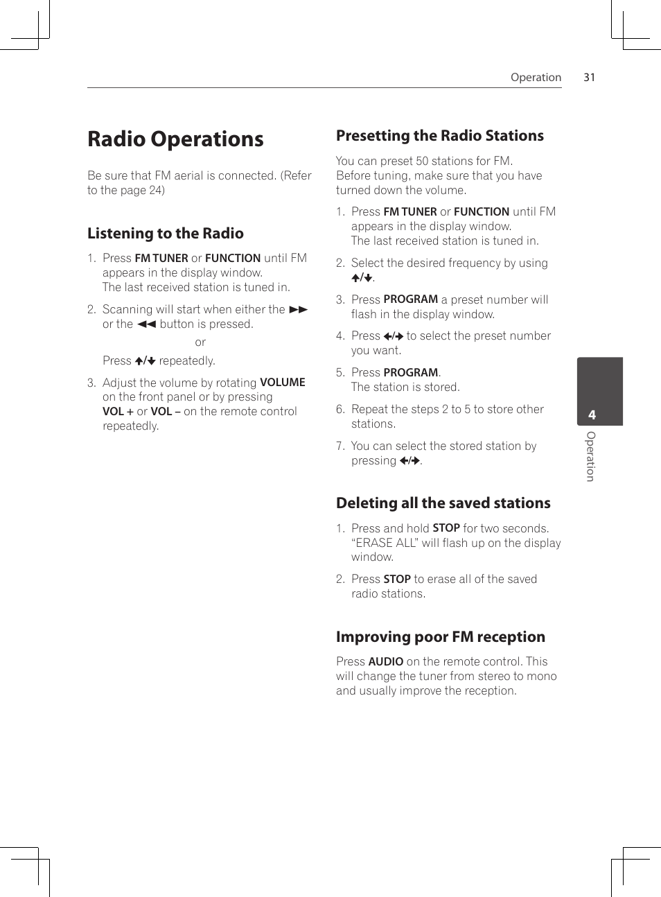Radio operations, Listening to the radio, Presetting the radio stations | Deleting all the saved stations, Improving poor fm reception | Pioneer DCS-424K User Manual | Page 31 / 280