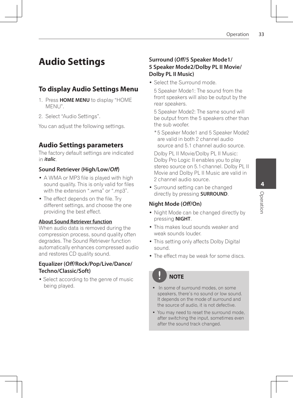 Audio settings, To display audio settings menu, Audio settings parameters | Pioneer DCS-424K User Manual | Page 33 / 280