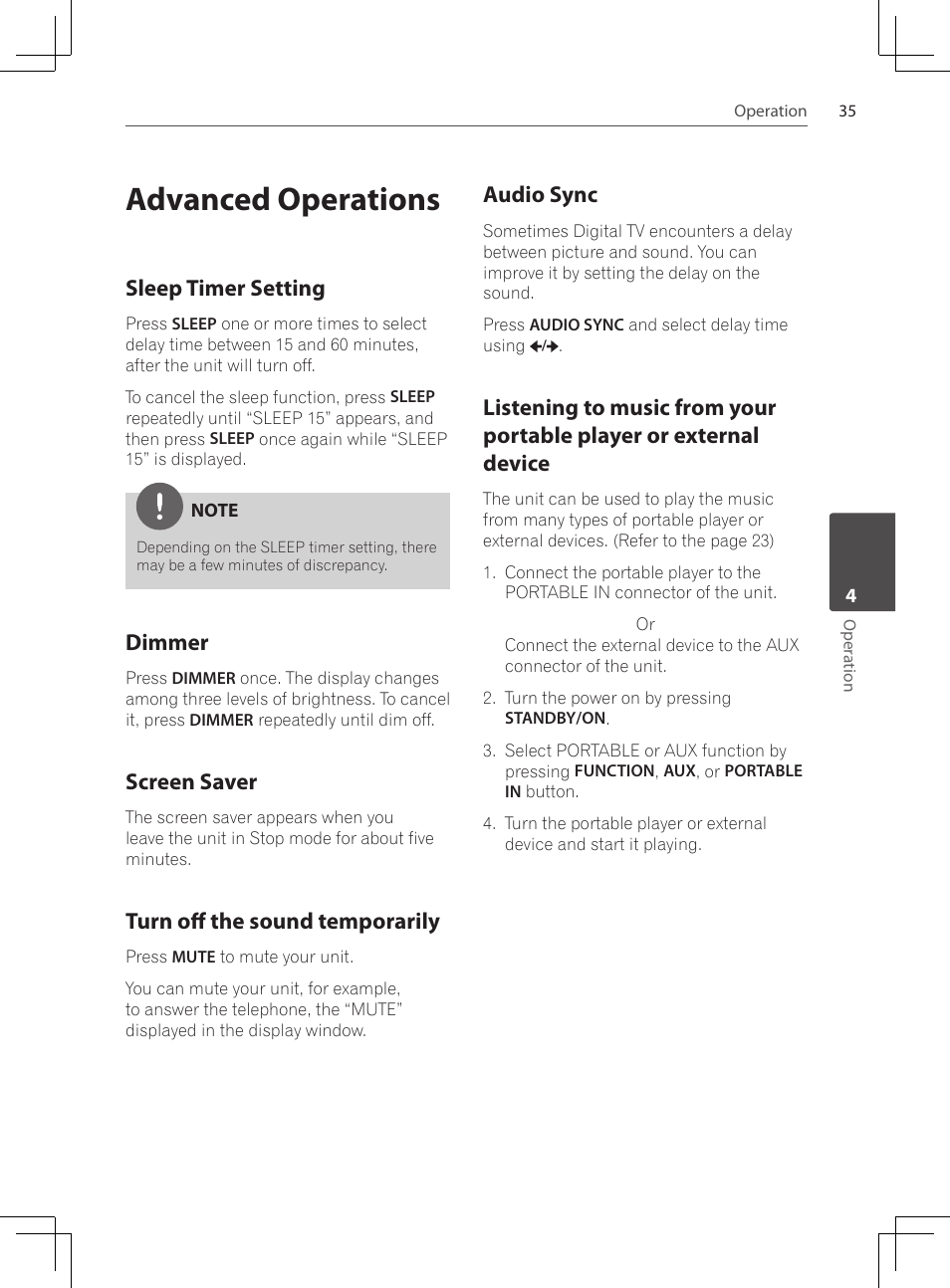 Advanced operations, Sleep timer setting, Dimmer | Screen saver, Turn off the sound temporarily, Audio sync, Listening to music from your, Portable player or external device | Pioneer DCS-424K User Manual | Page 35 / 280