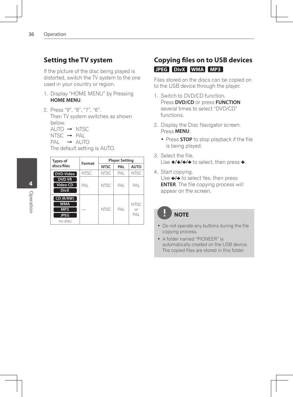 Setting the tv system, Copying files on to usb devices | Pioneer DCS-424K User Manual | Page 36 / 280
