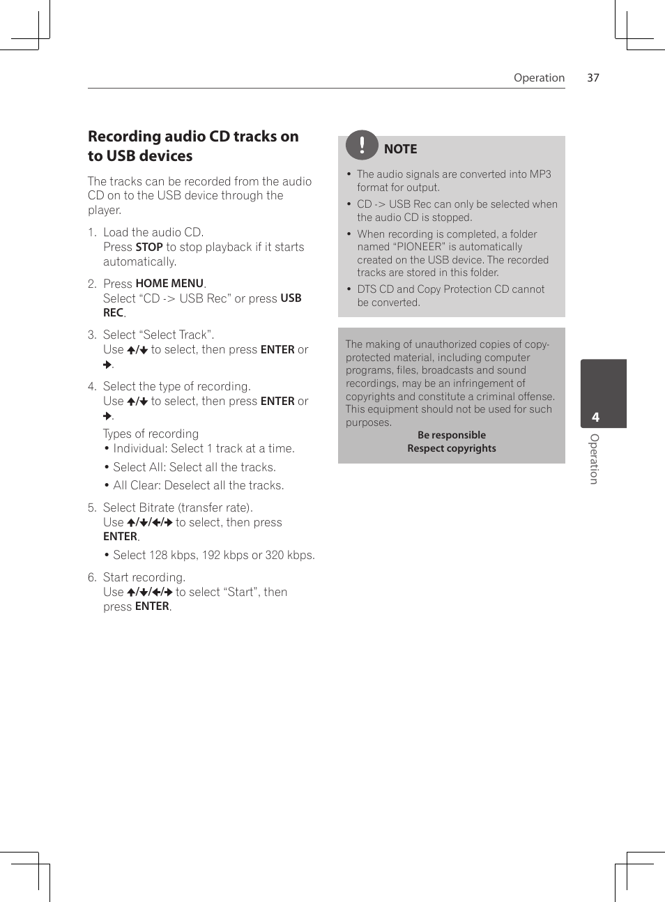 Recording audio cd tracks on to usb devices | Pioneer DCS-424K User Manual | Page 37 / 280