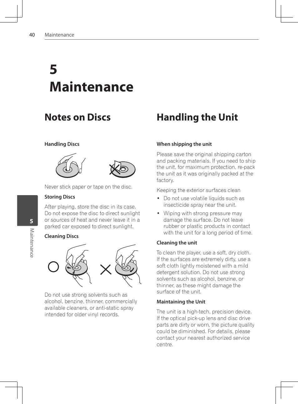 Notes on discs, Handling the unit, 5maintenance | Pioneer DCS-424K User Manual | Page 40 / 280