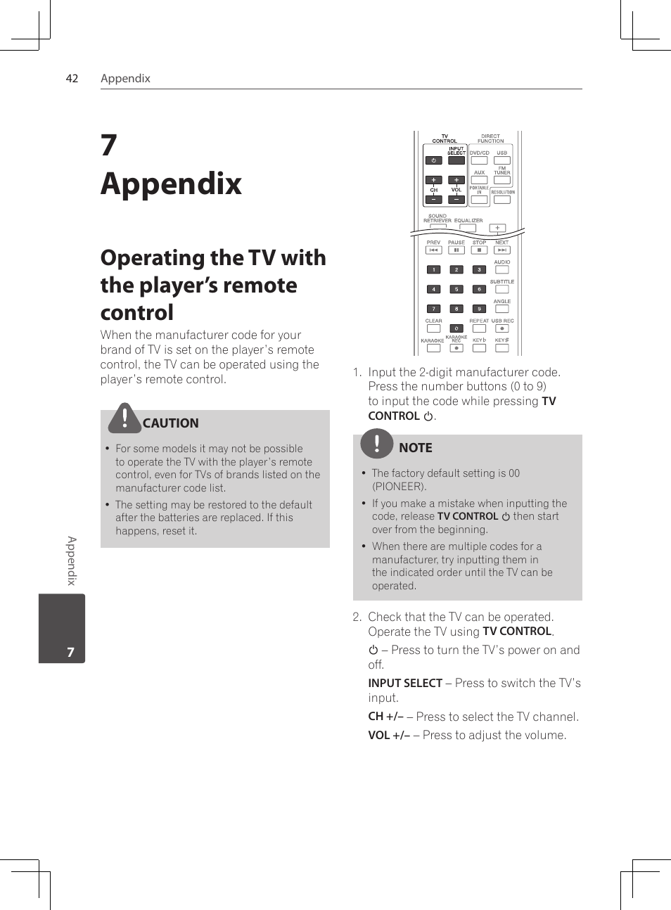 Operating the tv with the player’s remote control, 7appendix | Pioneer DCS-424K User Manual | Page 42 / 280