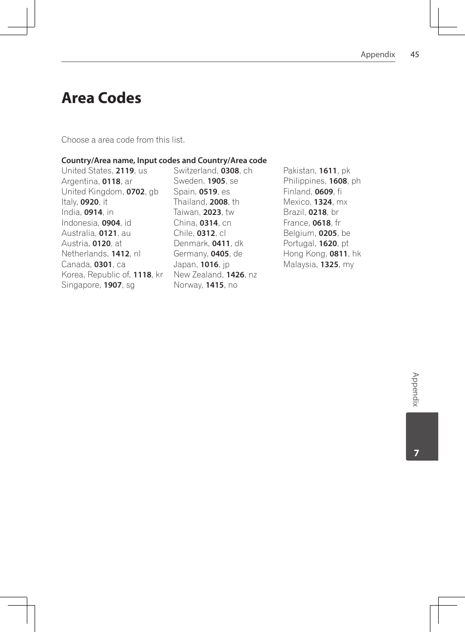 Area codes | Pioneer DCS-424K User Manual | Page 45 / 280