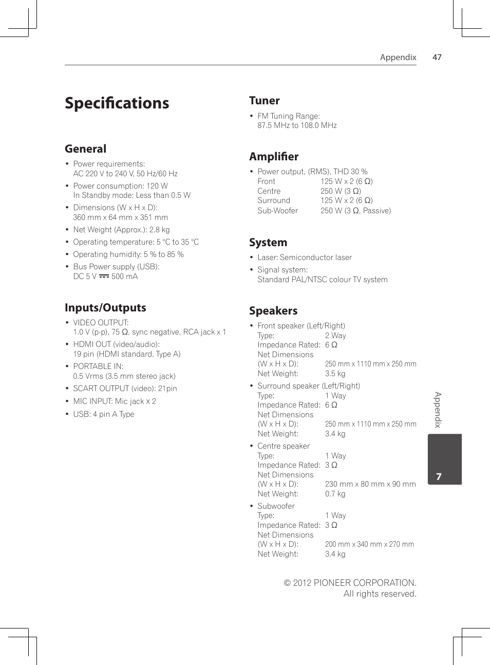 47 specifications, Specifications, General | Inputs/outputs, Tuner, Amplifier, System, Speakers | Pioneer DCS-424K User Manual | Page 47 / 280