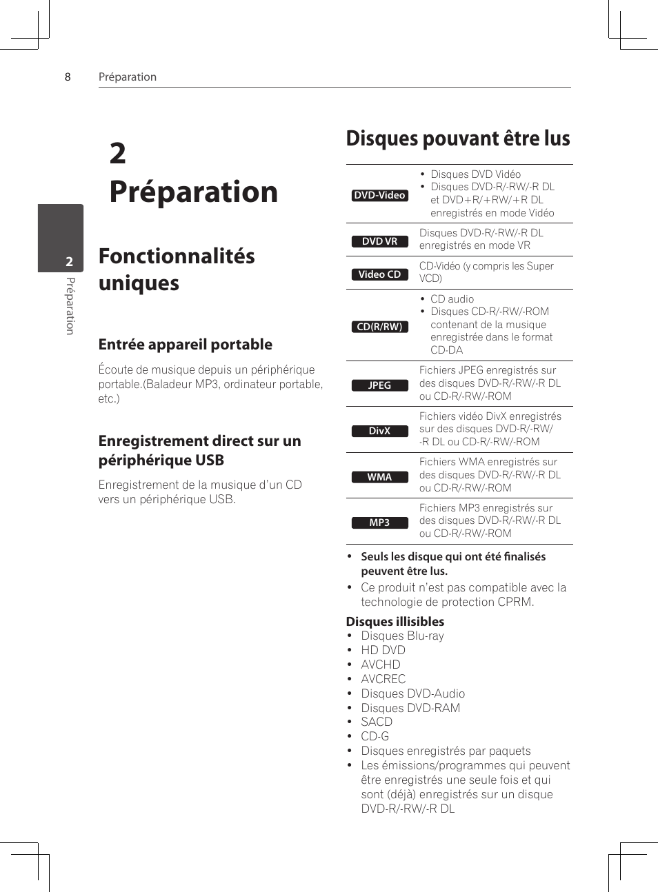 Fonctionnalités uniques, Disques pouvant être lus, 2préparation | Entrée appareil portable, Enregistrement direct sur un périphérique usb | Pioneer DCS-424K User Manual | Page 54 / 280