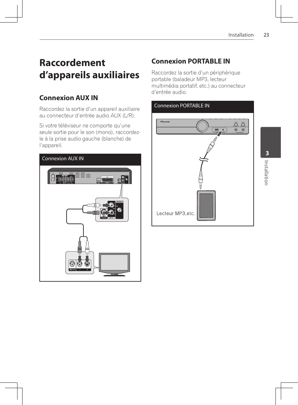 Raccordement d’appareils auxiliaires, Connexion aux in, Connexion portable in | Pioneer DCS-424K User Manual | Page 69 / 280