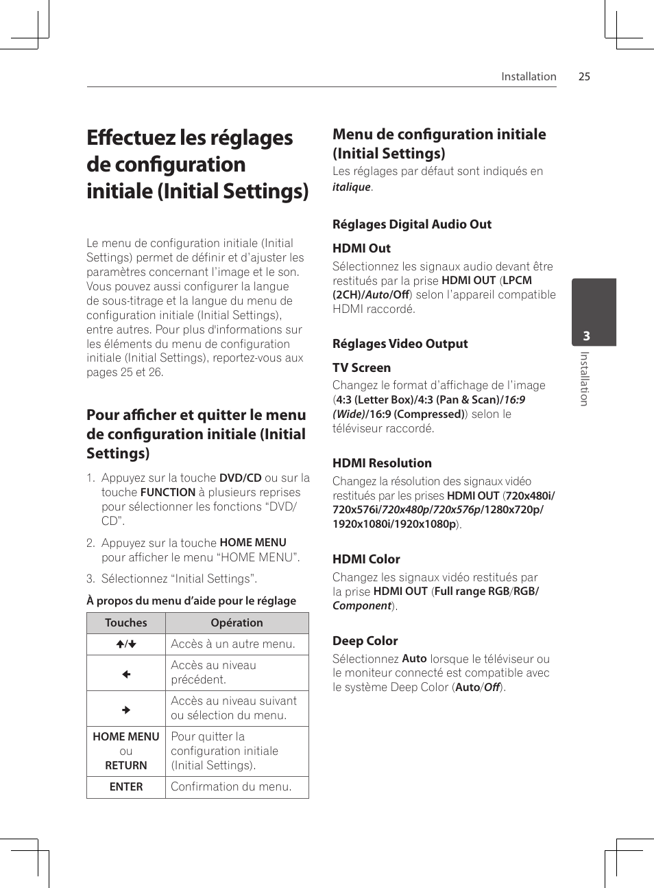 Pour afficher et quitter le menu, De configuration initiale (initial settings), Menu de configuration initiale | Initial settings), Réglages digital audio out, Réglages video output, Menu de configuration initiale (initial settings) | Pioneer DCS-424K User Manual | Page 71 / 280