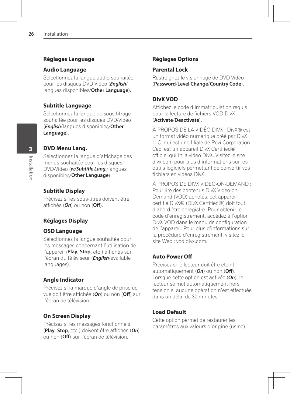 Réglages language, Réglages display, Réglages options | Pioneer DCS-424K User Manual | Page 72 / 280