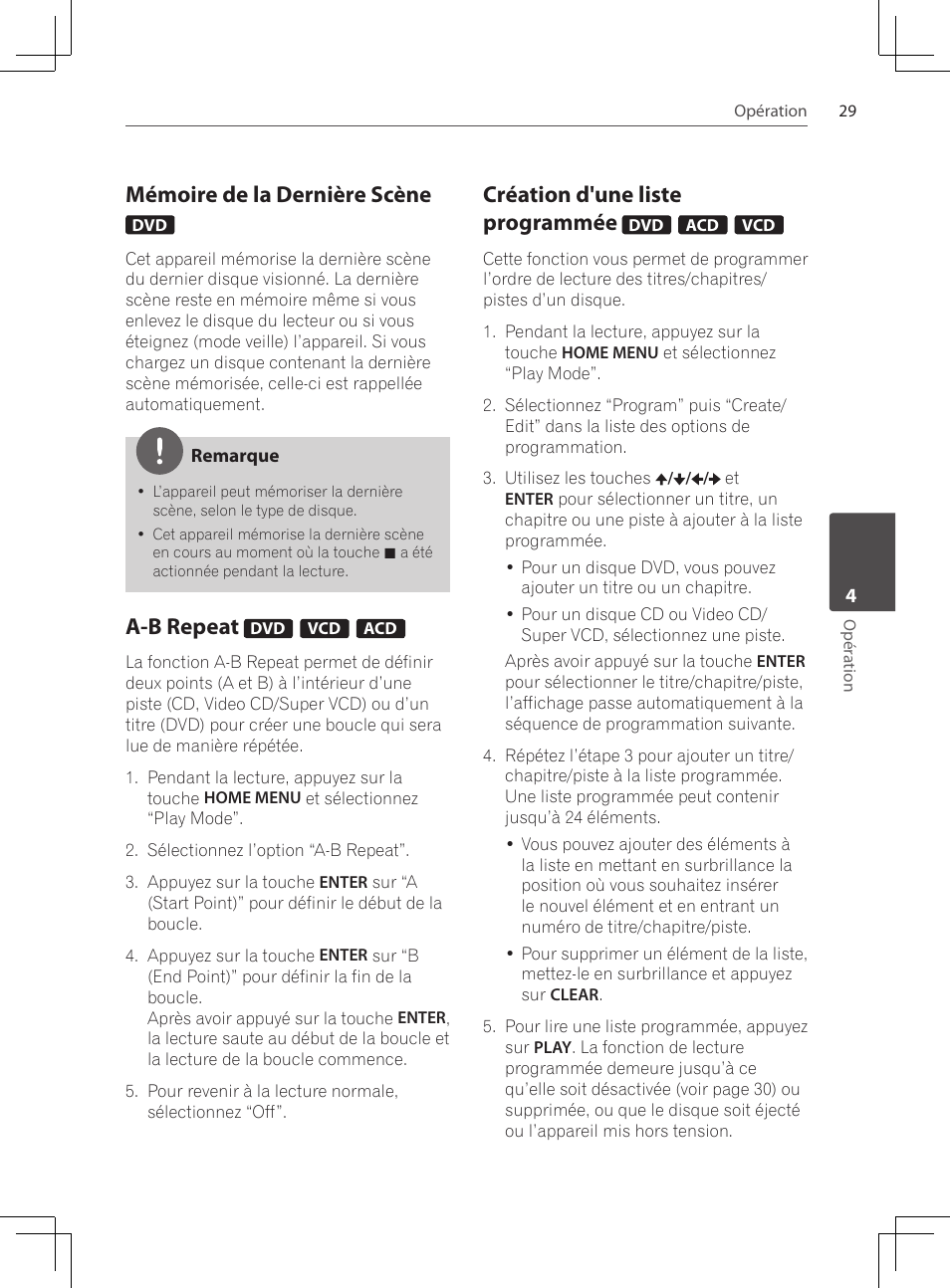 Mémoire de la dernière scène, A-b repeat, Création d'une liste programmée | Pioneer DCS-424K User Manual | Page 75 / 280