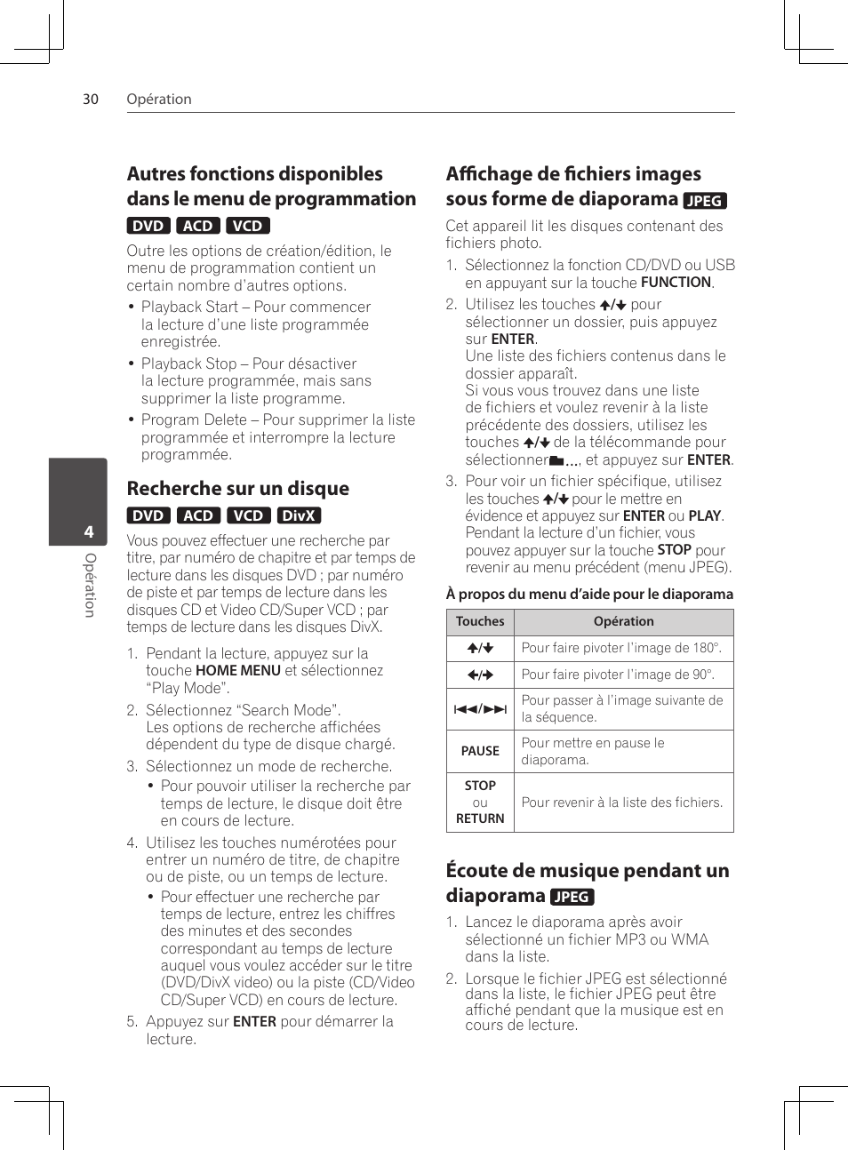 Autres fonctions disponibles dans, Le menu de programmation, Recherche sur un disque | Affichage de fichiers images sous, Forme de diaporama, Écoute de musique pendant un, Diaporama, Écoute de musique pendant un diaporama | Pioneer DCS-424K User Manual | Page 76 / 280