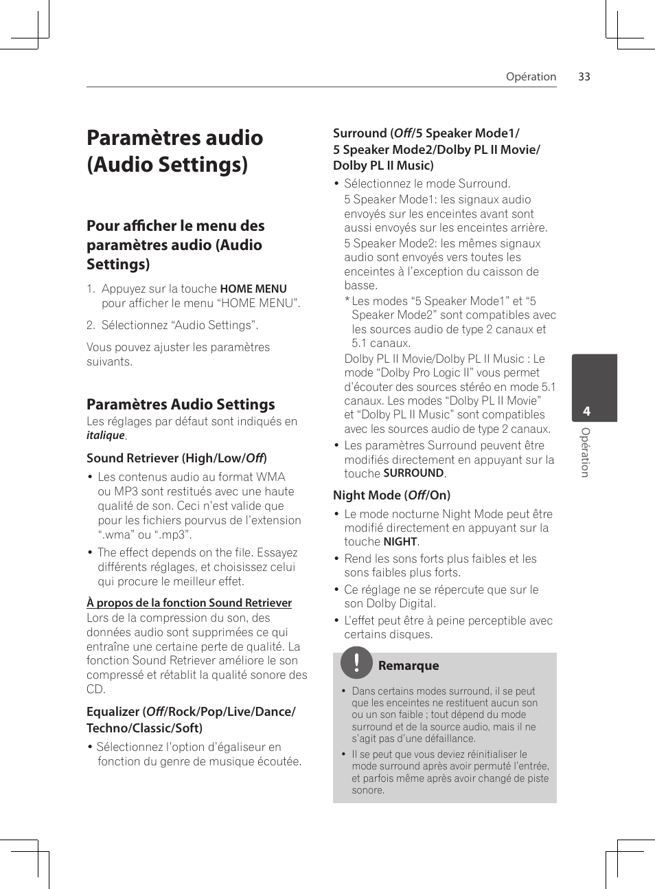 Paramètres audio (audio settings), Pour afficher le menu des, Paramètres audio settings | Pioneer DCS-424K User Manual | Page 79 / 280