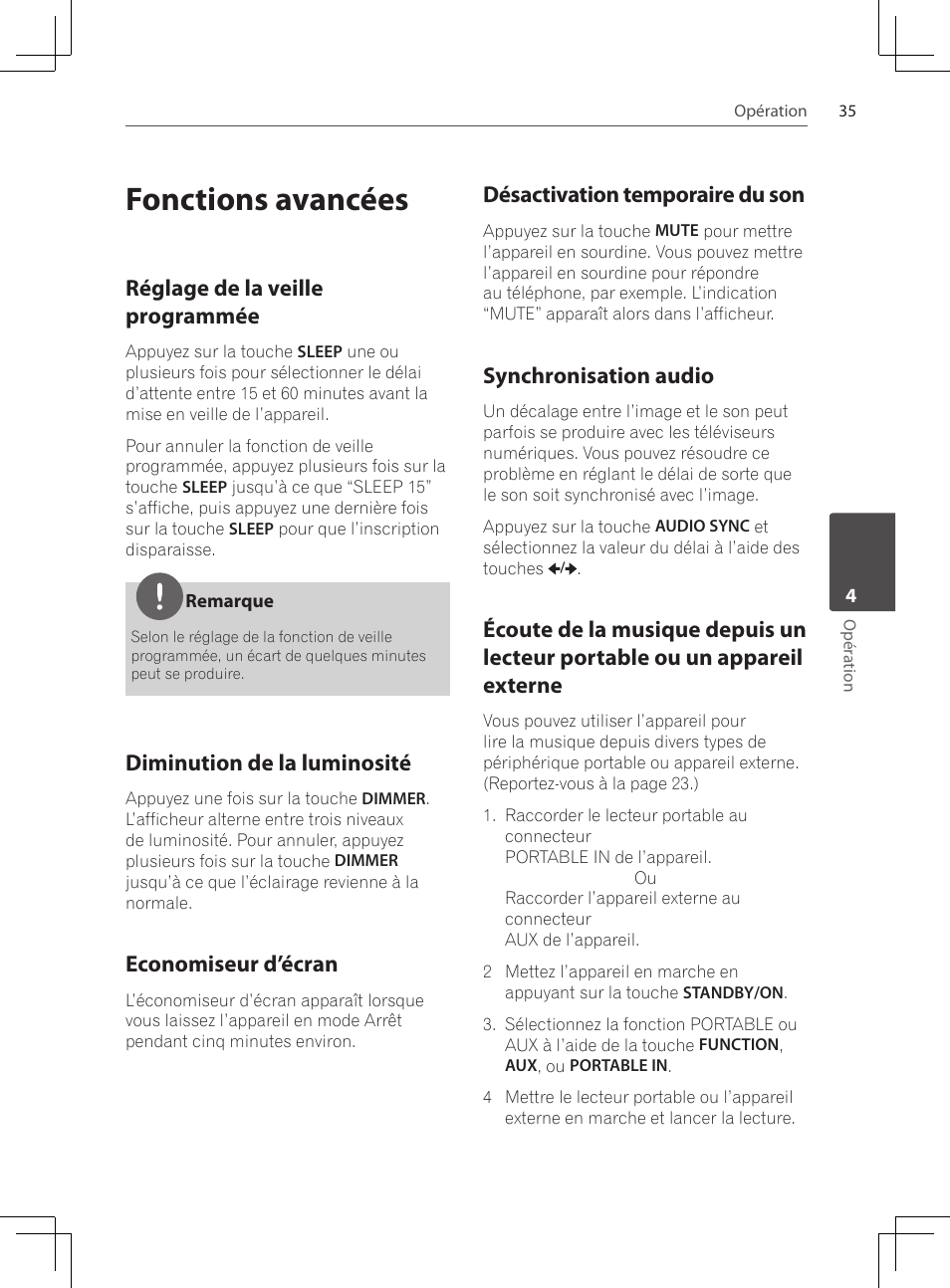 Fonctions avancées, Réglage de la veille programmée, Diminution de la luminosité | Economiseur d’écran, Désactivation temporaire du son, Synchronisation audio, Écoute de la musique depuis un, Lecteur portable ou un appareil externe | Pioneer DCS-424K User Manual | Page 81 / 280