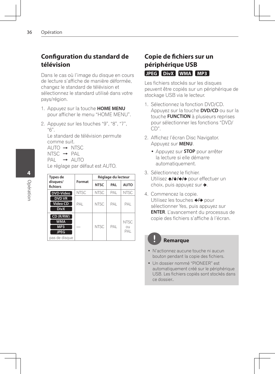 Configuration du standard de, Télévision, Copie de fichiers sur un périphérique usb | Configuration du standard de télévision | Pioneer DCS-424K User Manual | Page 82 / 280
