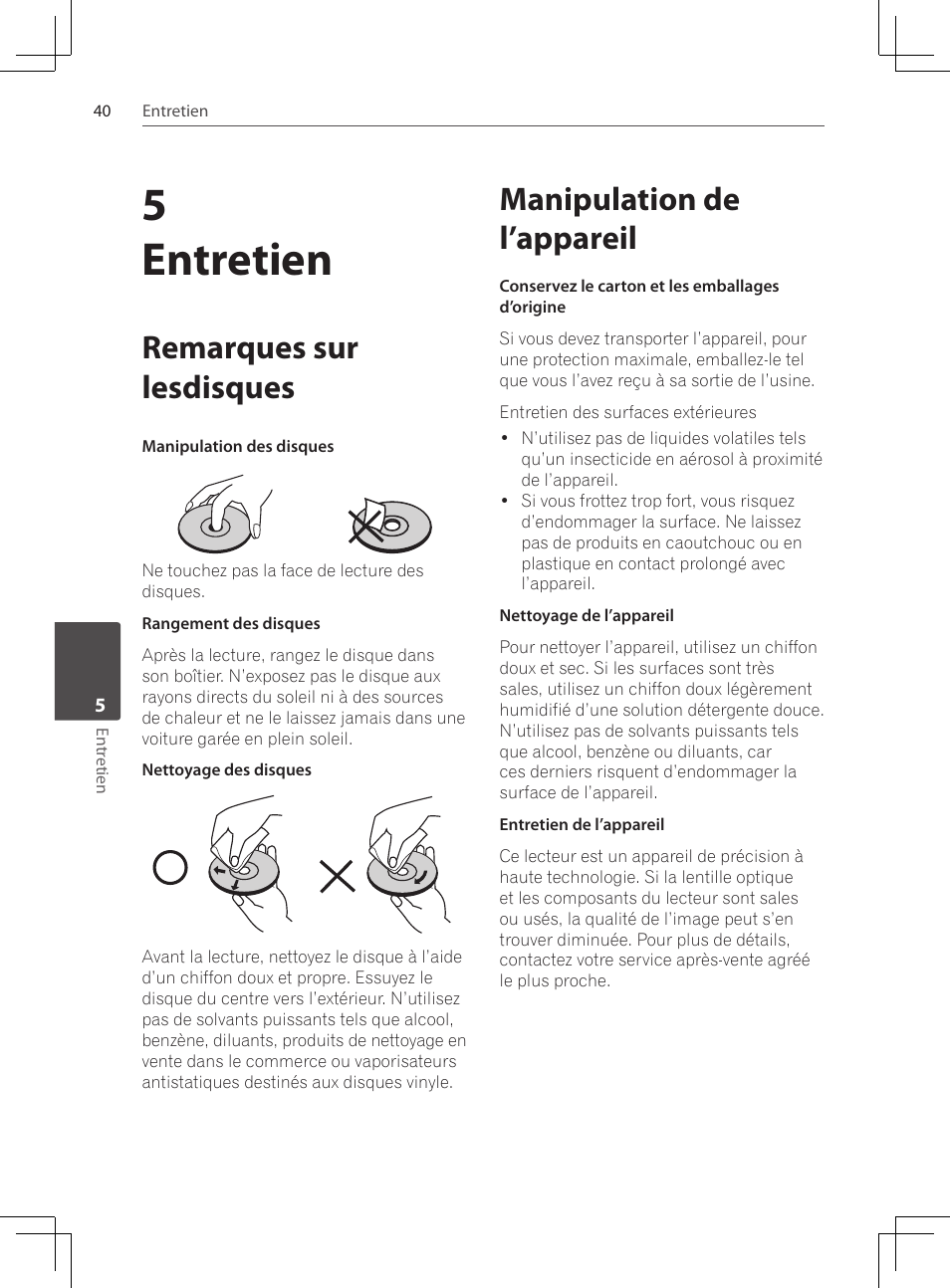 Remarques sur lesdisques, Manipulation de l’appareil, 5entretien | Pioneer DCS-424K User Manual | Page 86 / 280