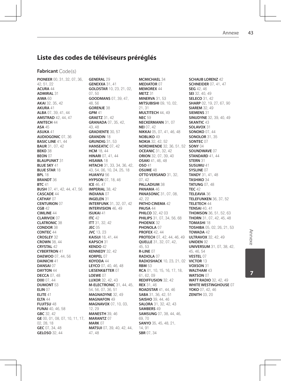 Liste des codes de téléviseurs préréglés, 43 annexe, An nex e | Fabricant code(s) | Pioneer DCS-424K User Manual | Page 89 / 280