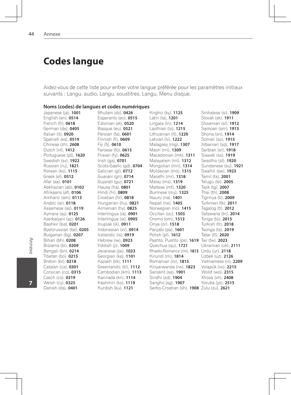 Codes langue | Pioneer DCS-424K User Manual | Page 90 / 280
