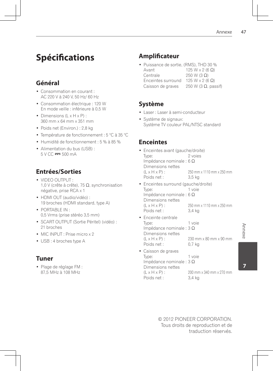 47 spécifications, Spécifications, Général | Entrées/sorties, Tuner, Amplificateur, Système, Enceintes | Pioneer DCS-424K User Manual | Page 93 / 280