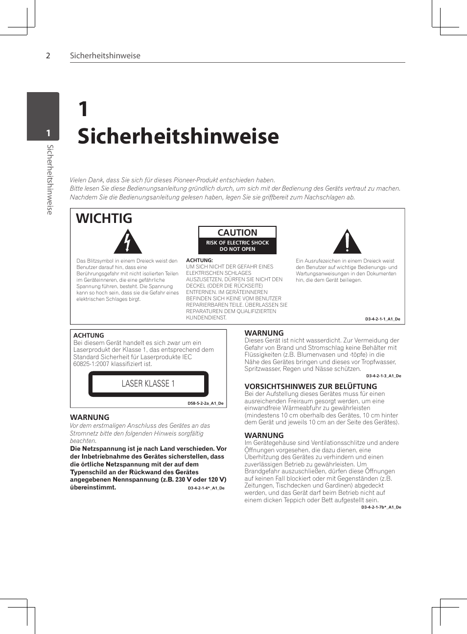 1sicherheitshinweise, Wichtig, Caution | Laser klasse 1 | Pioneer DCS-424K User Manual | Page 94 / 280