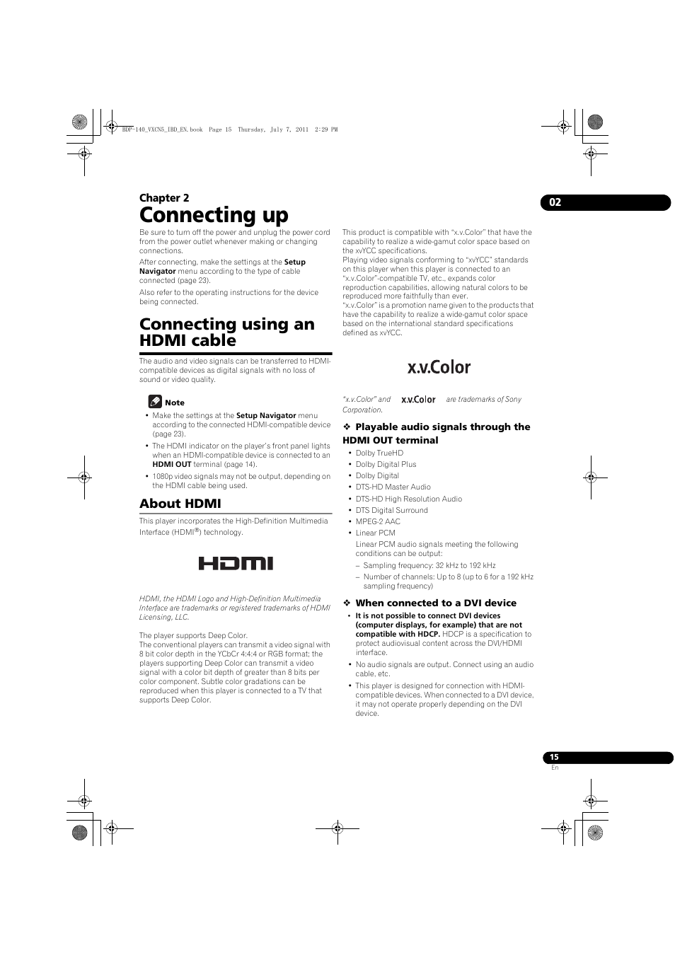 Connecting using an hdmi cable, About hdmi, Connecting up | 02 chapter 2 | Pioneer BDP-440 User Manual | Page 15 / 64